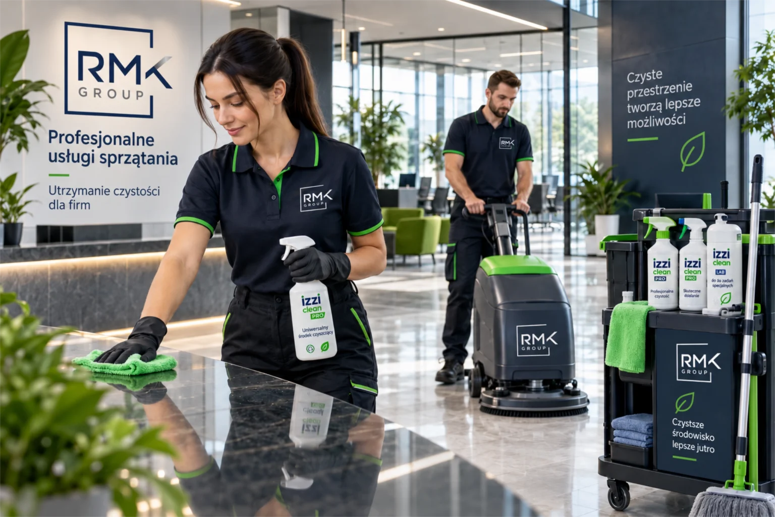 Profesjonalny serwis sprzątający RMK Group w nowoczesnym obiekcie firmowym